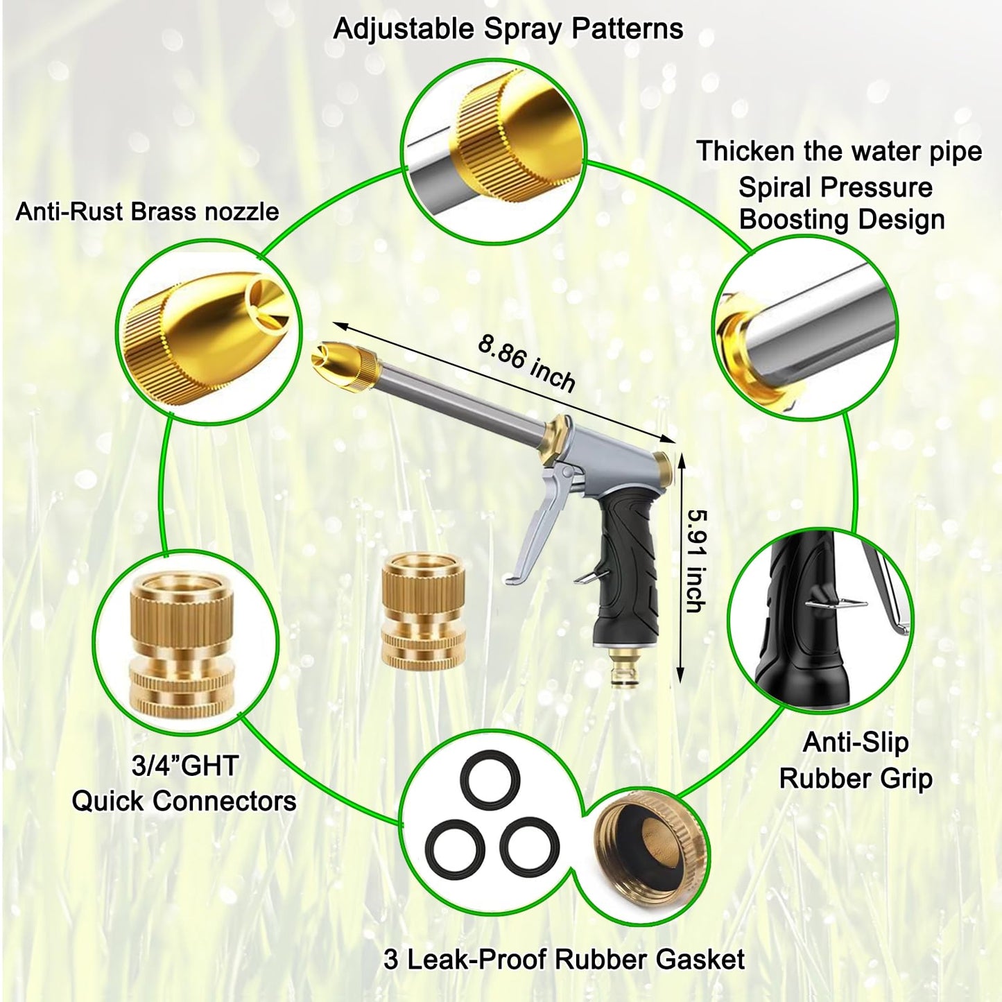 VNEIRSHAH Heavy garden hose nozzle - adjustable spray mode high-pressure rotary spray gun, brass nozzle, anti slip grip and quick connector, suitable for lawn, plants, car washing, pets