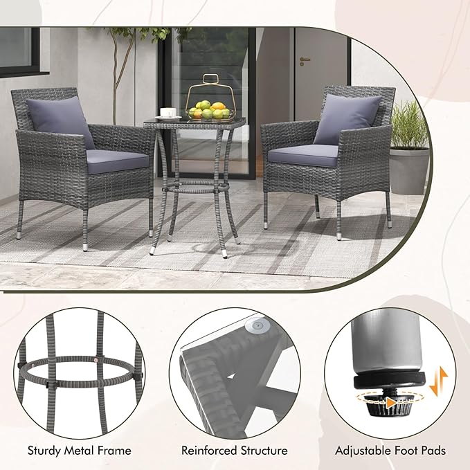 Tangkula 3-Piece Patio Furniture Set, PE Wicker Conversation Bistro Set w/A