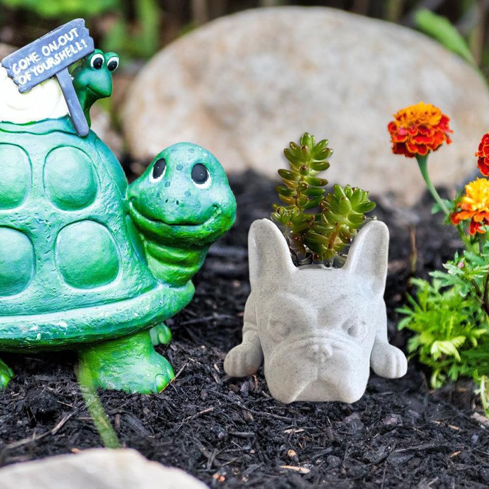OULIGET Resin Dog Sculpture Succulent Pots,Mini French Bulldog Garden Statue Planter Pots with Drainage Hole,Cute Bonsai Flower Pots Ornaments (Medium)
