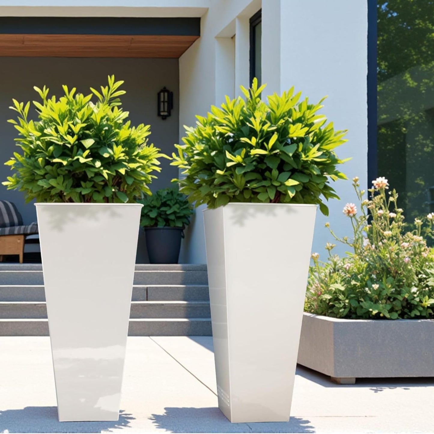Worth 2 Pack 28" Tall Large Metal Planter, Tapered Steel Flower Pots with Insert Plate with Drain Holes & Air Vents for Indoor or Outdoor Use, White