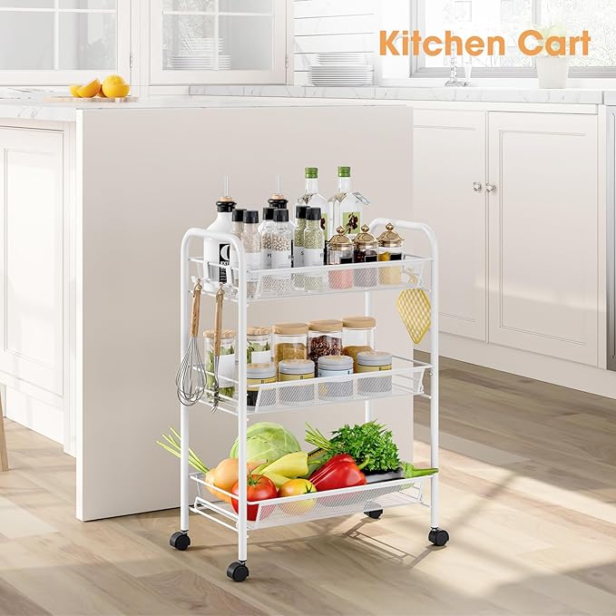 TOOLF 3-Tier Metal Rolling Cart, Mesh Wire Easy Assemble Utility Cart, Storage
