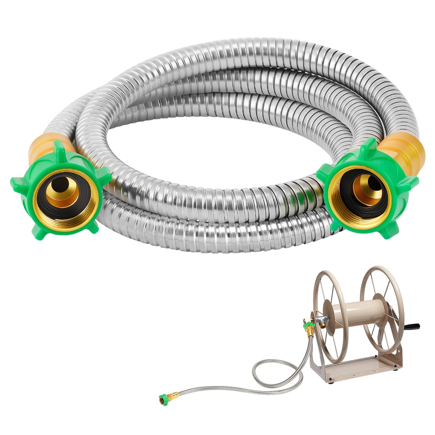 Short Garden Hose with Female to Female Connector, 5ft Metal Leakproof Leader Hose for Hose Reel, Heavy Duty 304 Stainless Steel Flexible Hose for Outdoor Garden Watering Car Pet Cleaning