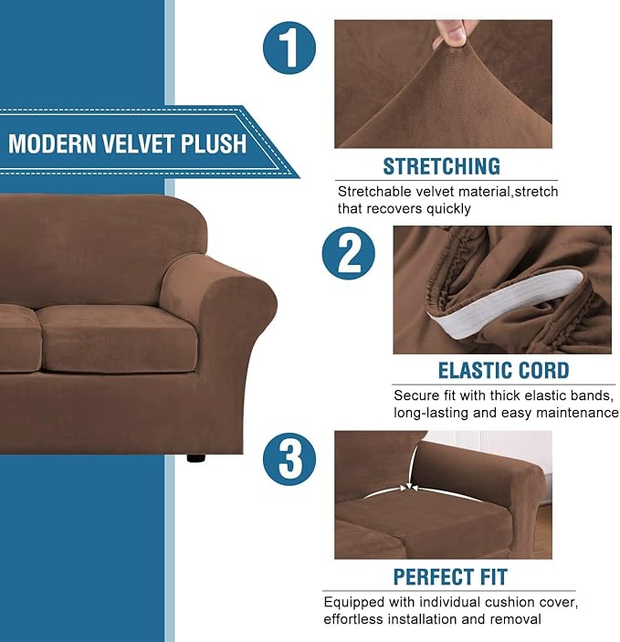 H.VERSAILTEX Real Velvet Plush 3 Piece Stretch Sofa Covers Couch Covers
