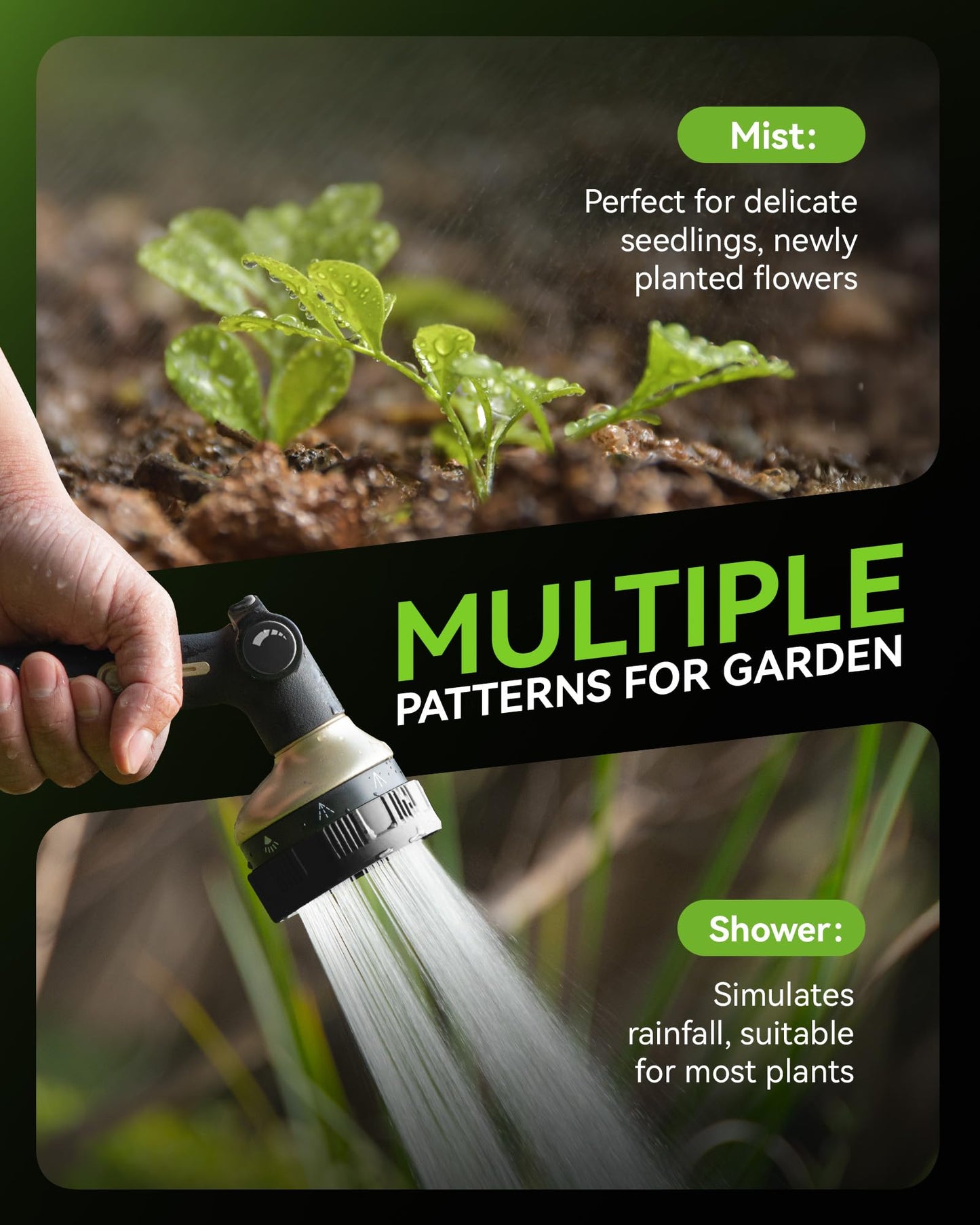 RAINPOINT 100% Metal Hose Nozzle Heavy Duty - 8 Spray Patterns Garden Hose Nozzle with Adjustable Flow Control for Watering Plants, Washing Cars,Washing Pets, Thumb Control (Black)