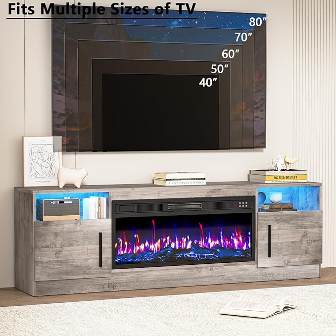 PRETZI Fireplace TV Stand with 36" Fireplace Up to 80" TVs, Remote Control