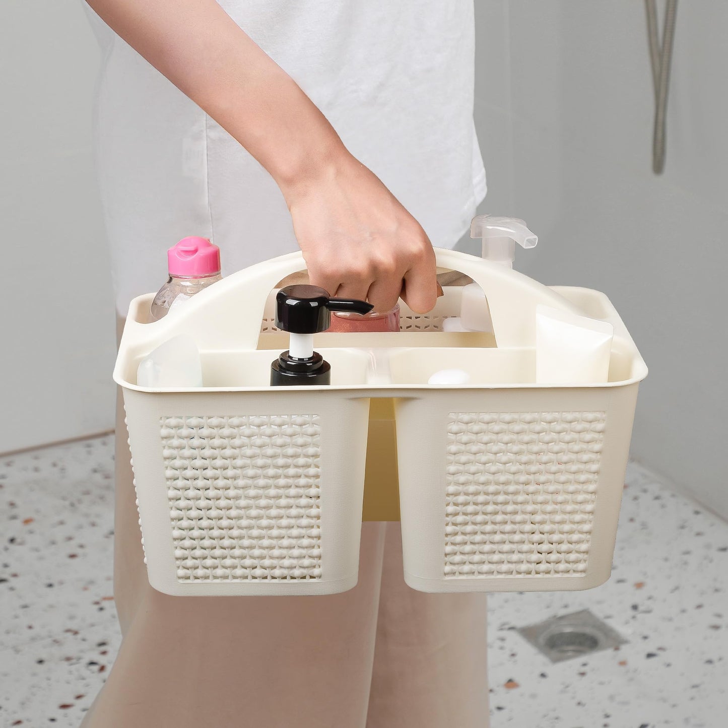 UUJOLY Plastic Portable Shower Caddy Basket Bucket, Cleaning Shower Basket with Handle Compartments Storage Basket Organizer for Bathroom Kitchen College Dorm Sink, Beige