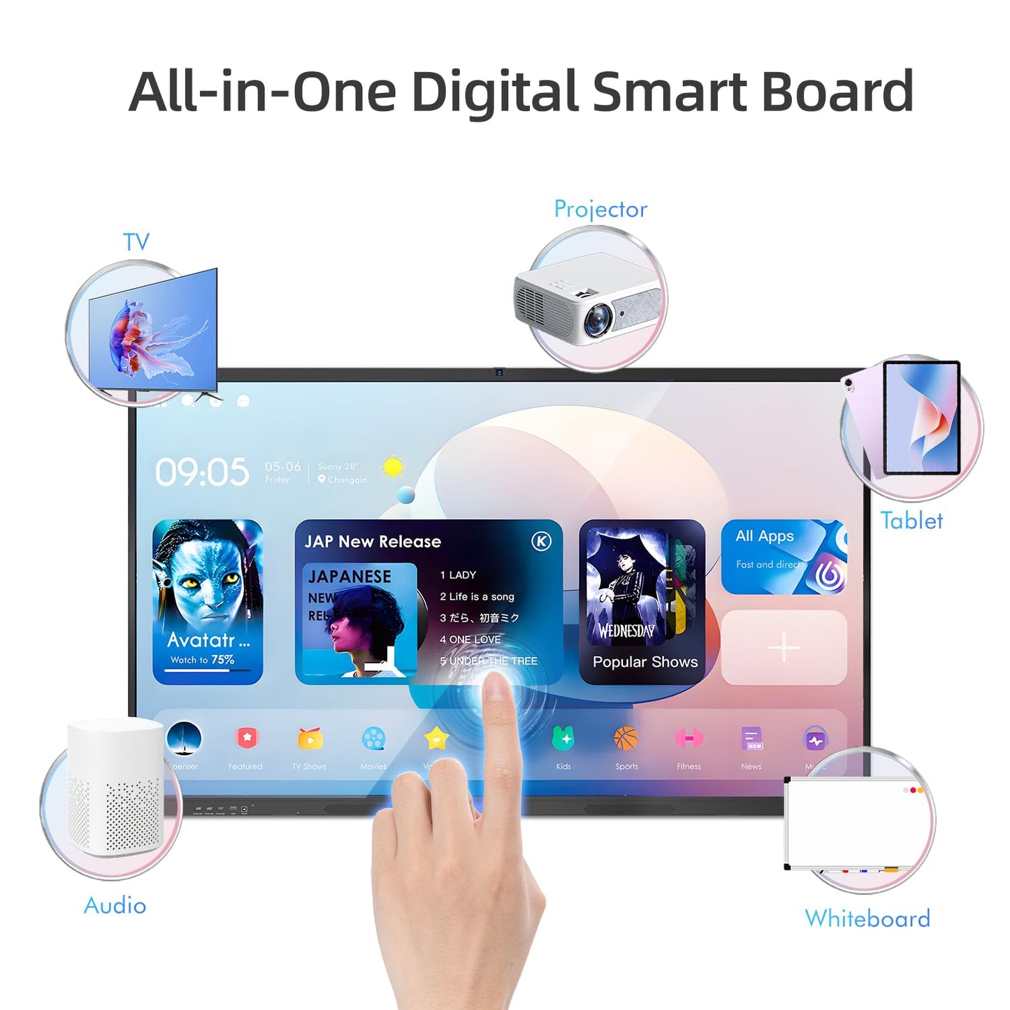 QIXZOCV 86" Smart Board, 4K Interactive Whiteboard, 20-Point Touch Screen, Android 14, 8GB & 128GB, Screen Sharing, Bluetooth/WiFi/HDMI, All-in-One Meeting & Education Solution (Wall Mount Included)