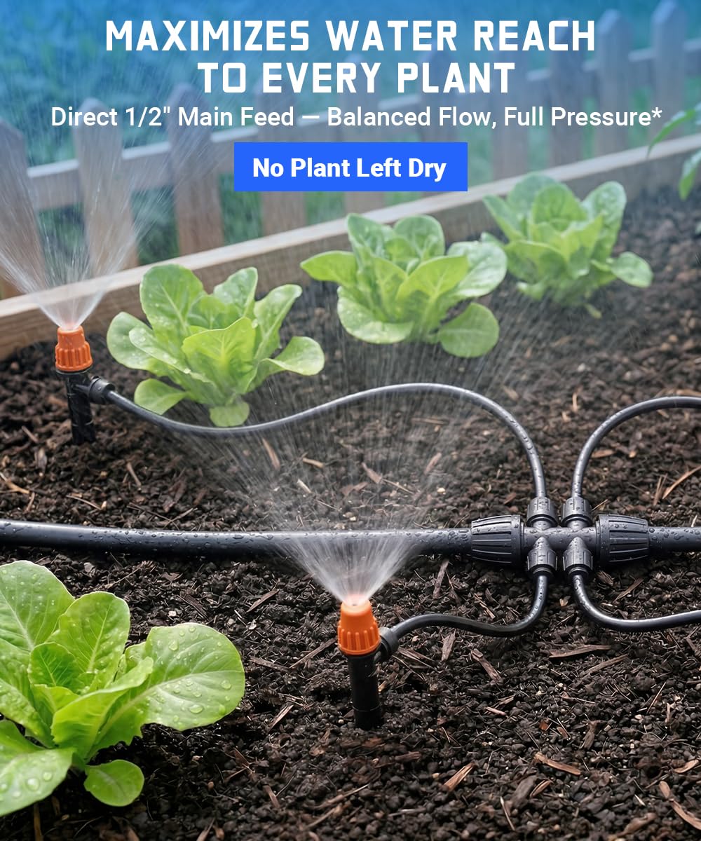 126FT Drip Irrigation System Kit with 30 Adjustable Nozzles, Leak-Proof & Easy-Connect Irrigation Kit with 1/2" & 1/4" Tubing, for Garden Watering Greenhouse, Lawn, Indoor Pots(26FT+100FT)