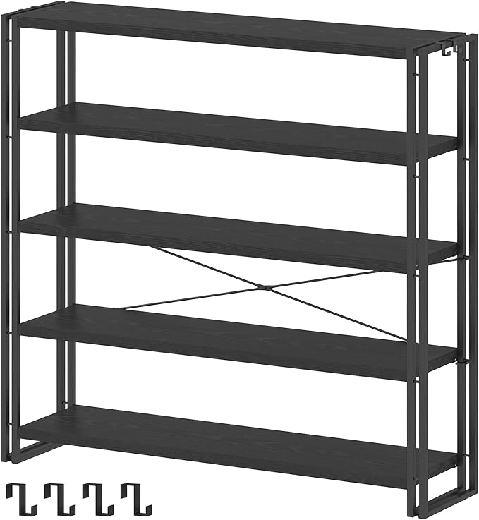 HCHQHS Bookshelf, 5-Tier Industrial Bookcase, Freestanding Tall Bookshelves