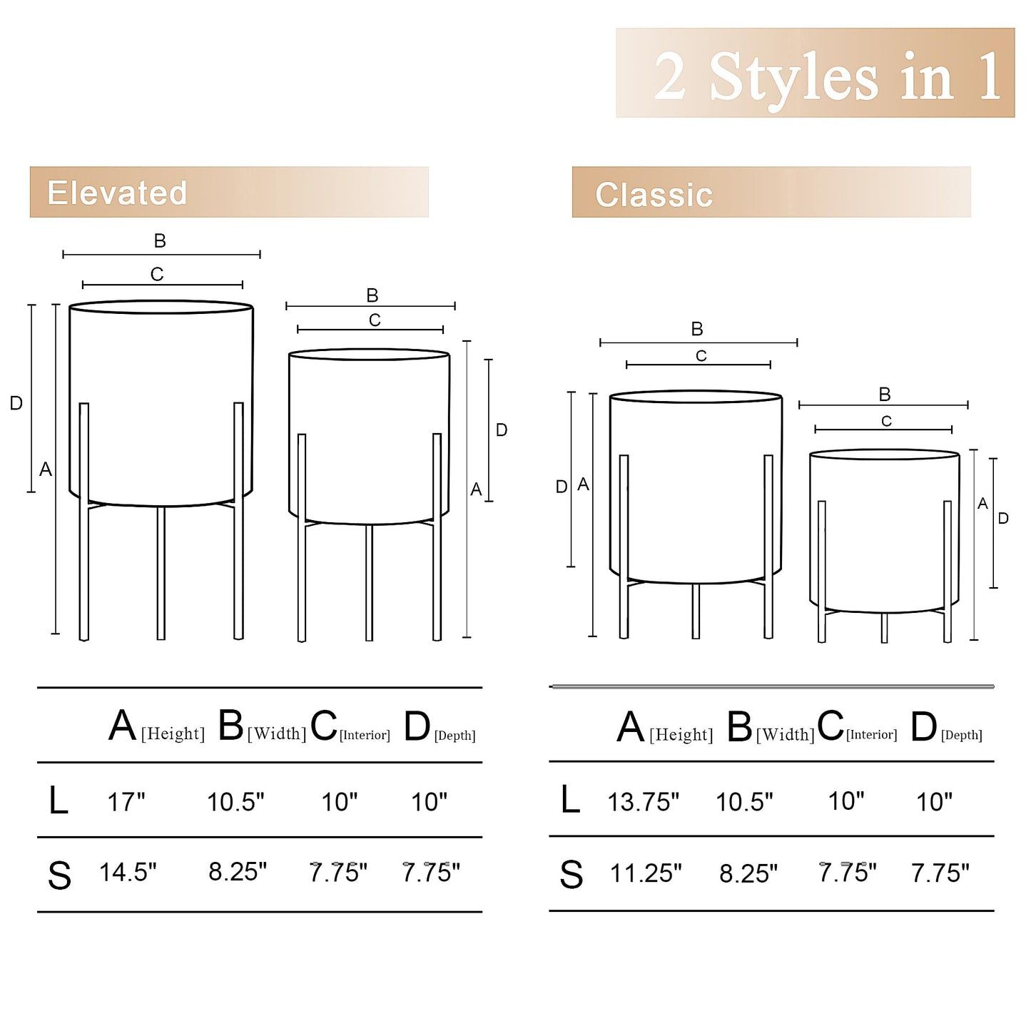ARNIS Plants Pots with Stand, Set of 2 Indoor Planter Pots, Unique Mid Century Decorative Metal Flower Pots with Drainage,8.25 & 10.5 Inch, Grey and White