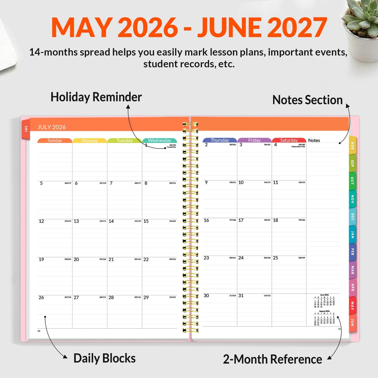 SUNEE Teacher Planner 2026-2027 Academic Year, Lite Lesson Planner Book with 7 Periods Jul 2026 - Jun 2027, 8.5"x11" Daily Weekly and Monthly Organizers, Plan Book with Pocket Folder, Color Tabs,Pink