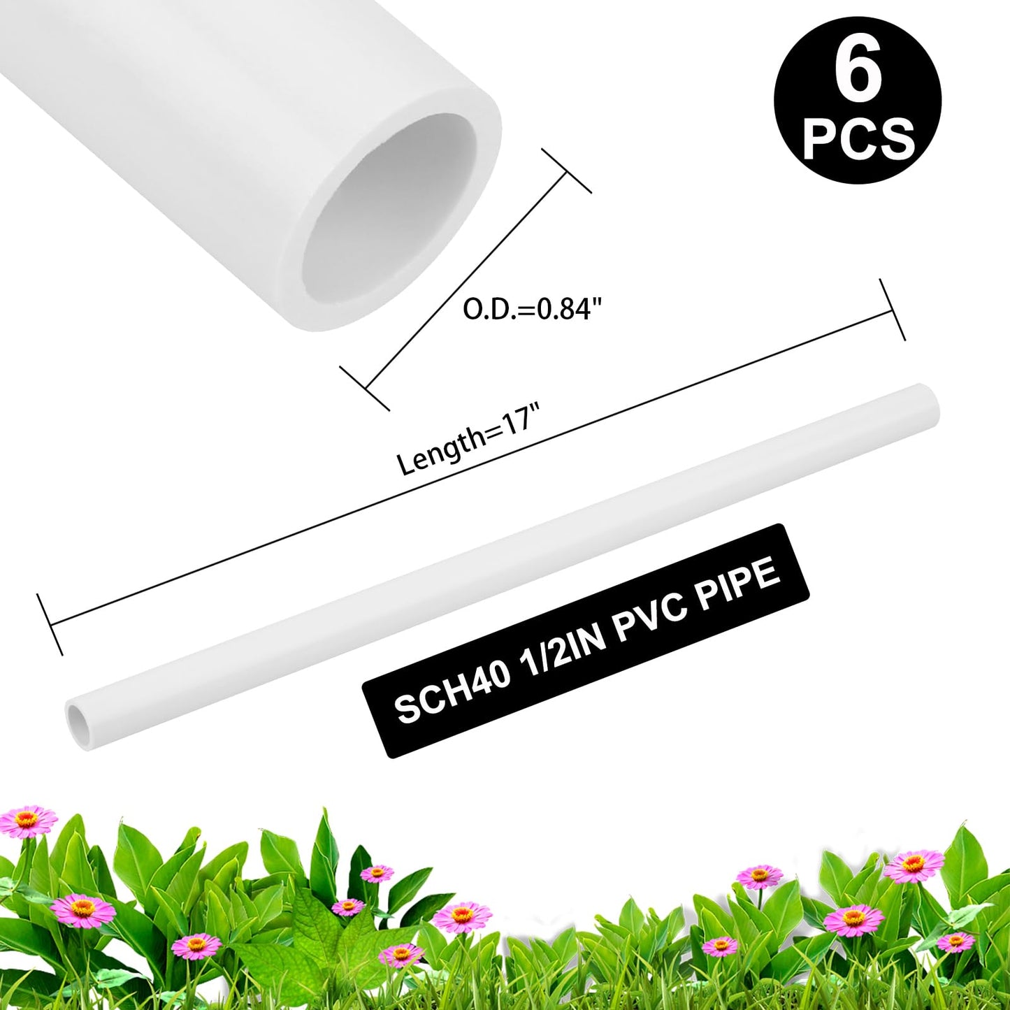 CKVIHAV 6Pcs 1/2 Inch PVC Pipe 17" Long Sch40 Industrial Pipes for Home DIY, Greenhouse, Garden, Farm, Workshop, Furniture Grade, White (0.50" x 17"L)
