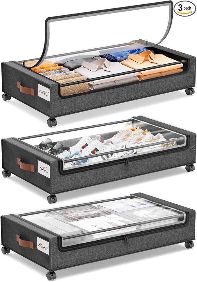 Yecaye 3 Pack Under Bed Storage with Wheels, Under Bed Storage Containers, Underbed Shoe Storage Organizer, Rolling Under Bed Metal Drawers for Clothes, Blankets(30.7 x 16.9 x 6.7 in)