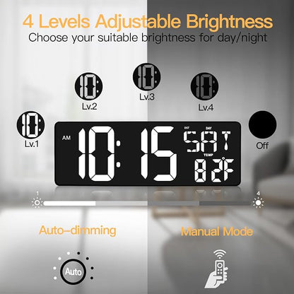 XREXS 17.2" Digital Wall Clock with Remote Control, Bluetooth Sync Time LED Digital Clock for Living Room Decor, Auto DST, Temperature for Living Room, Gift for Elderly and Teens