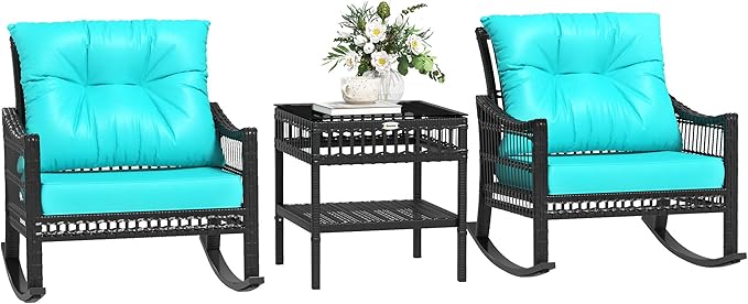 Outsunny Wicker Outdoor Rocking Chair Set, 3 Piece Patio Furniture Set