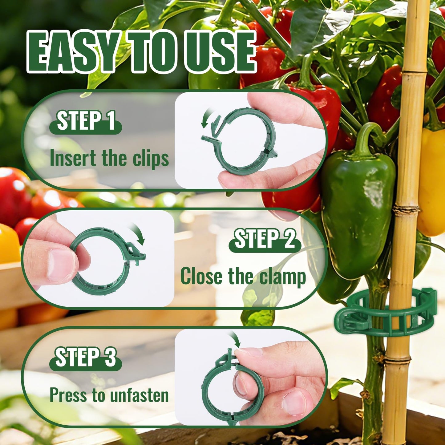 SZUAH 300 Pcs Tomato Clips for Climbing Plants & Garden Clips | All-Season Durable Reusable Plant Supports for Cucumbers, Grapes and Vegetables (Green)