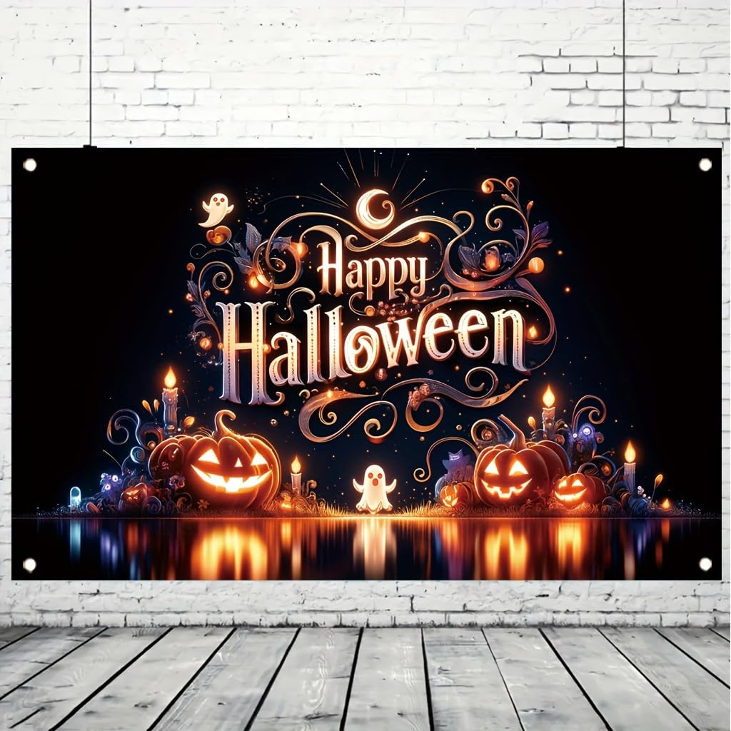 Tomhong Halloween Pumpkin Ghost Light 71x43 Inch Large Party BannerSpooky Jack O Lantern Haunted House Wall Hanging for Trick or Treat Night Indoor OutdoorHoliday Decoration