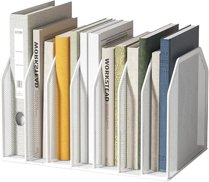 FANXIYQ Metal 7 Section File Folder Organizer for Desk | Vertical Office File Holder | Heavy-Duty Mesh Document Sorter for Books, Binders, Laptops | Desk Organizer,7 Sections White