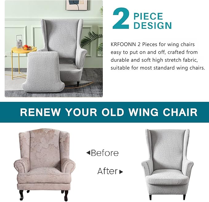 KRFOONN Stretch Wing Chair Slipcovers Jacquard 2 Piece Wingback Chair Covers