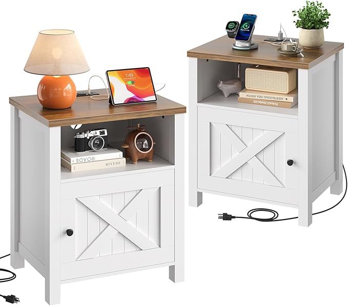 Marsail Farmhouse Nightstand Set of 2, Wood Bedside Table