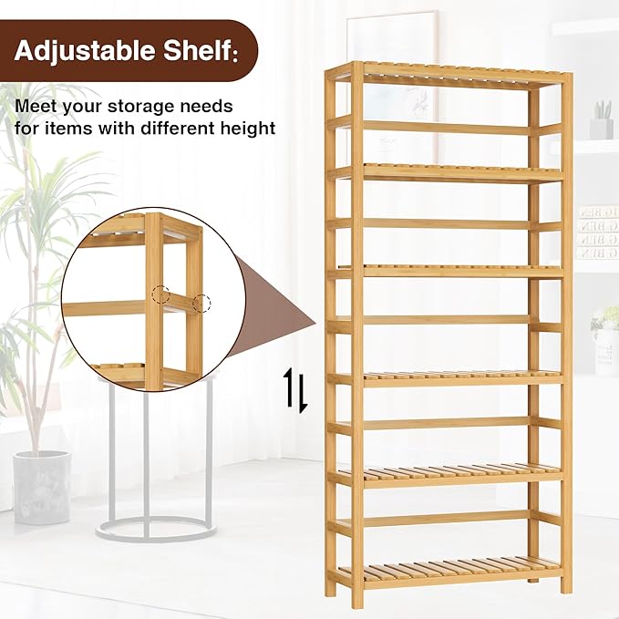 VASMIA 6-Tier Bamboo Shelf, Bamboo Storage Shelving Unit, Tall Bookcase