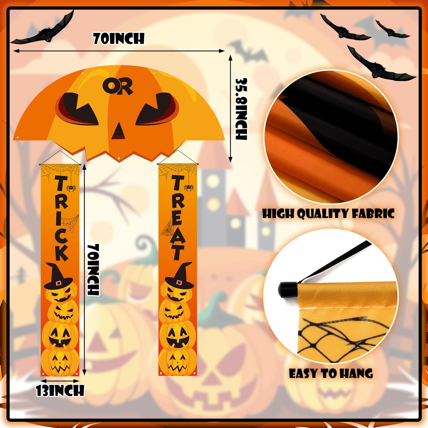 HunnmingRe 3 Pcs Halloween Cemetery Archway Halloween Cemetery Banners Gothic Outdoor Banners Sign Banner Decorations for Outdoor Party Supplies (Pumpkin)