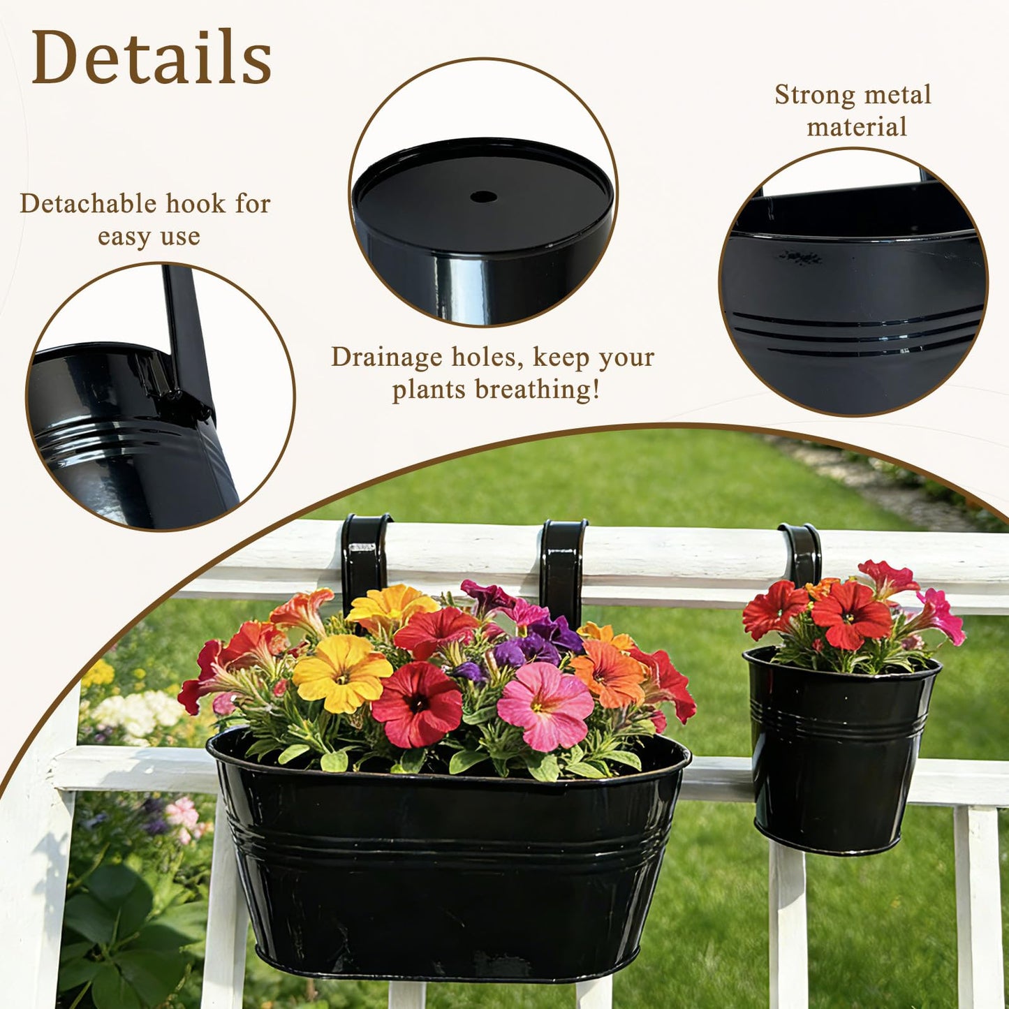 Joyfernal Pack of 4 Metal Hanging Planters for Outdoor Plants, 2 Pcs 4" Round Railing Planter & 2 Pcs 10" Oval Fence Flower Pots for Balcony Garden Decor, Black