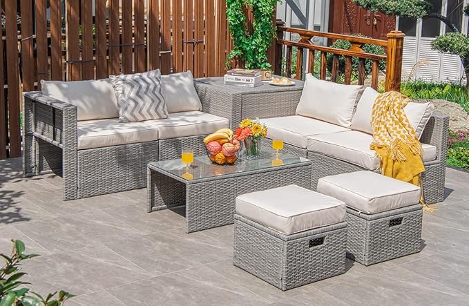 Tangkula 8 Piece Patio Wicker Furniture Set, Patiojoy Space Saving Outdoor PE