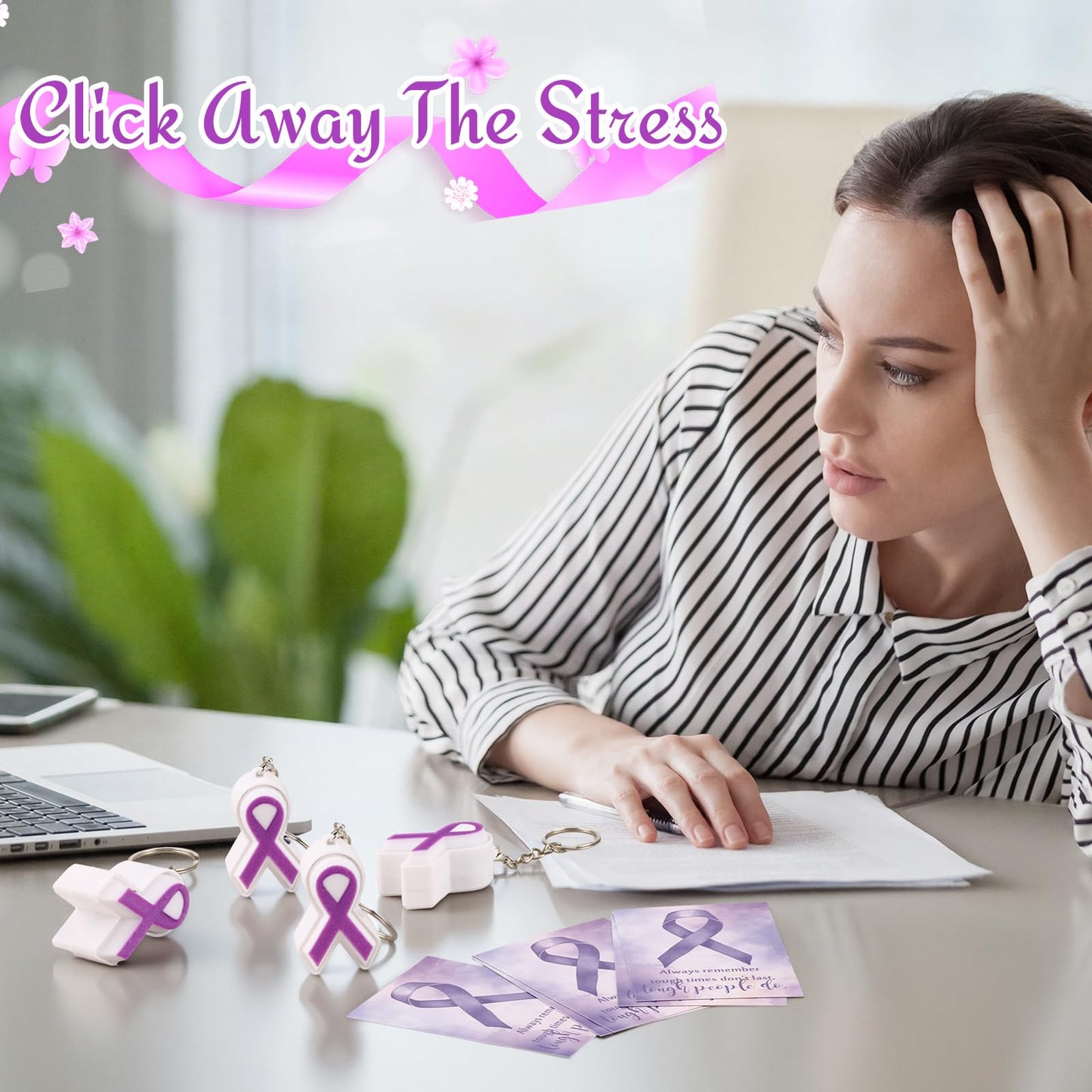 Gerrii 24 Sets Purple Ribbon 3D Fidget Keychains Lupus Awareness Products with Inspirational Cards 3D Press Stress Relief Sensory Gifts for Epilepsy, Alzheimer, Lupus Charity Event Gifts(Purple )