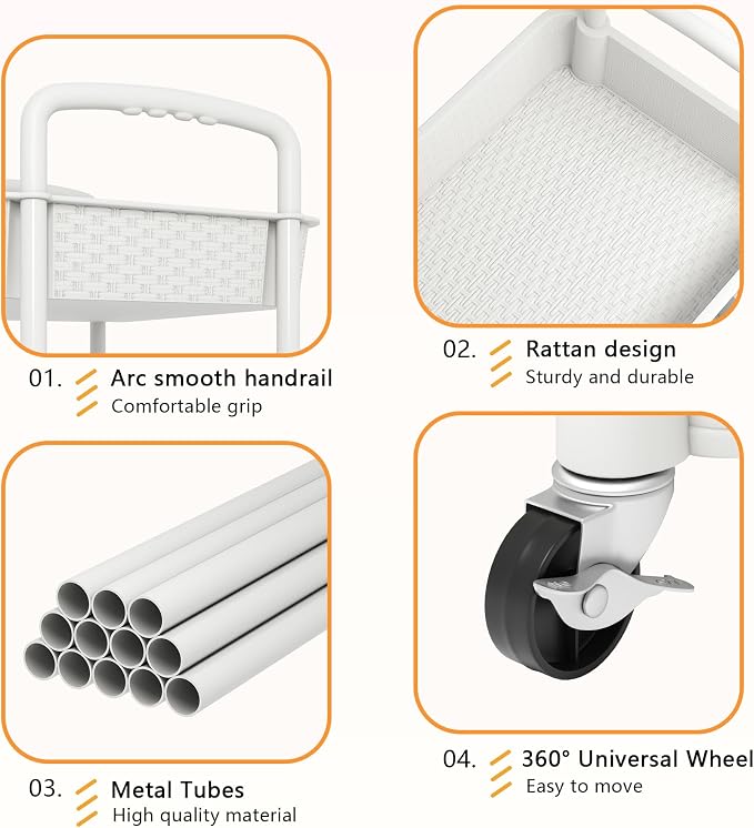 MOYIPIN 4-Tier Plastic Rolling Utility Cart with Handle,Utility Storage Cart for Office, Living Room, Kitchen,Movable Storage Organizer Shelves,White