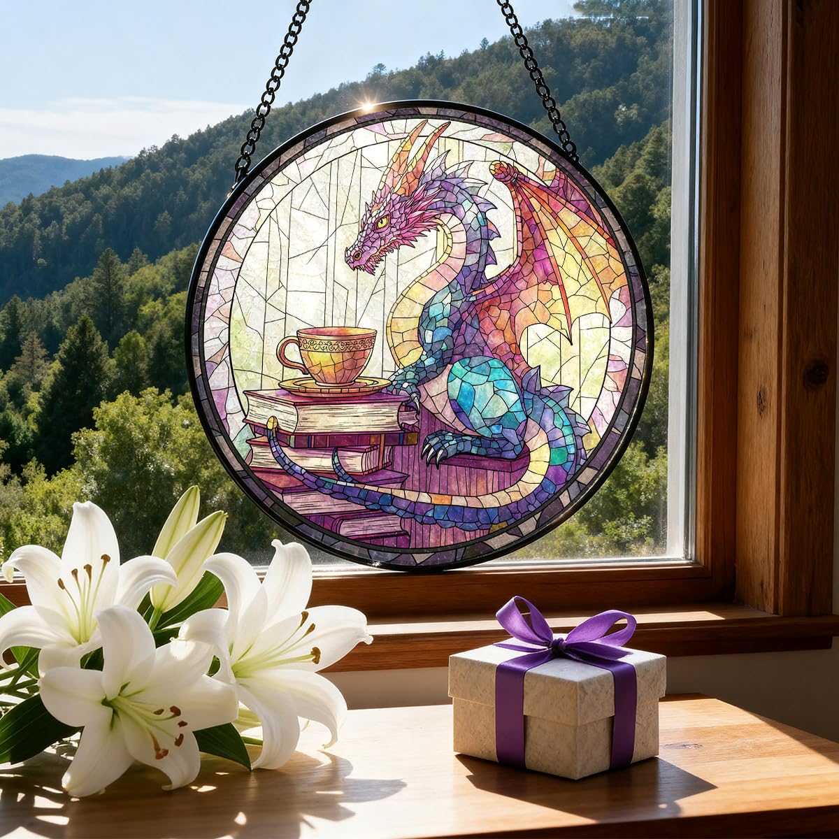 Greatingreat Dragon Stained Glass Window Hanging,Home Room Decor 7.8 Inch Sun Catchers Indoor Window, Whimsical Decor for Fantasy Lovers, Friends, Family, Classmates