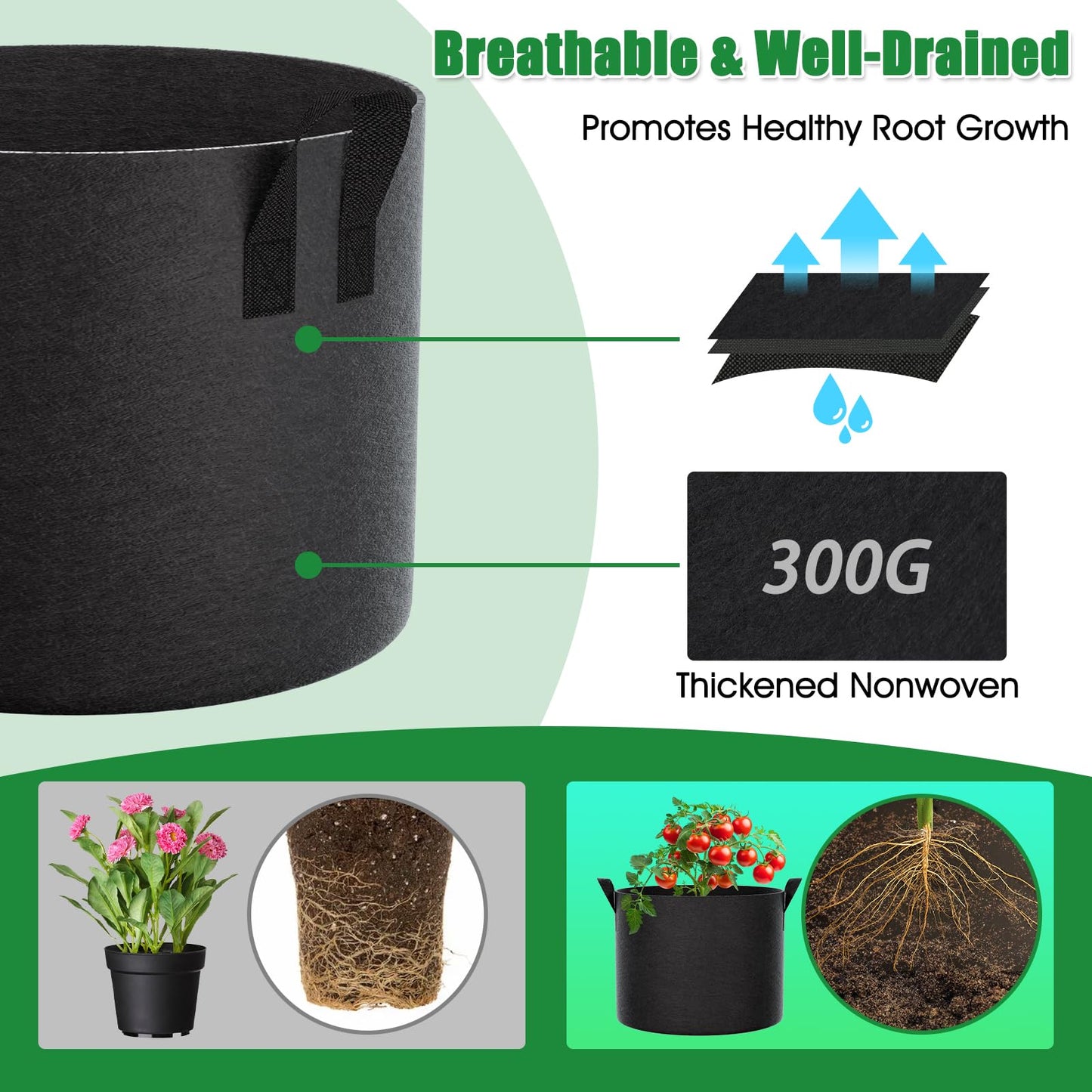 FEED GARDEN 15 Gallon Grow Bags 4 Pack – Heavy Duty 300G Thick Fabric Plant Pots with Reinforced Handles, Breathable Drainage Planters for Tomatoes, Potatoes & Large Vegetables Indoor Outdoor