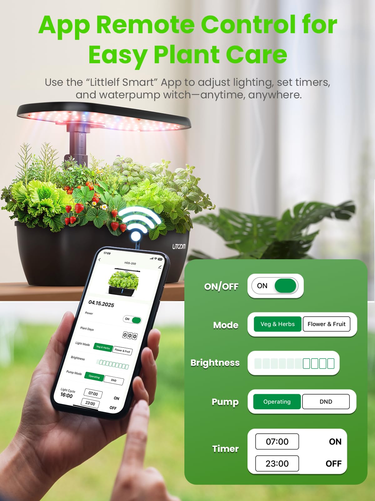 litokam Hydroponics Growing System Kit, 15-Pod Indoor Herb Garden Planter with 24W Grow Light & APP Control, Indoor Gardening System with 2 Grow Modes, Quiet Pump & 24H Timer