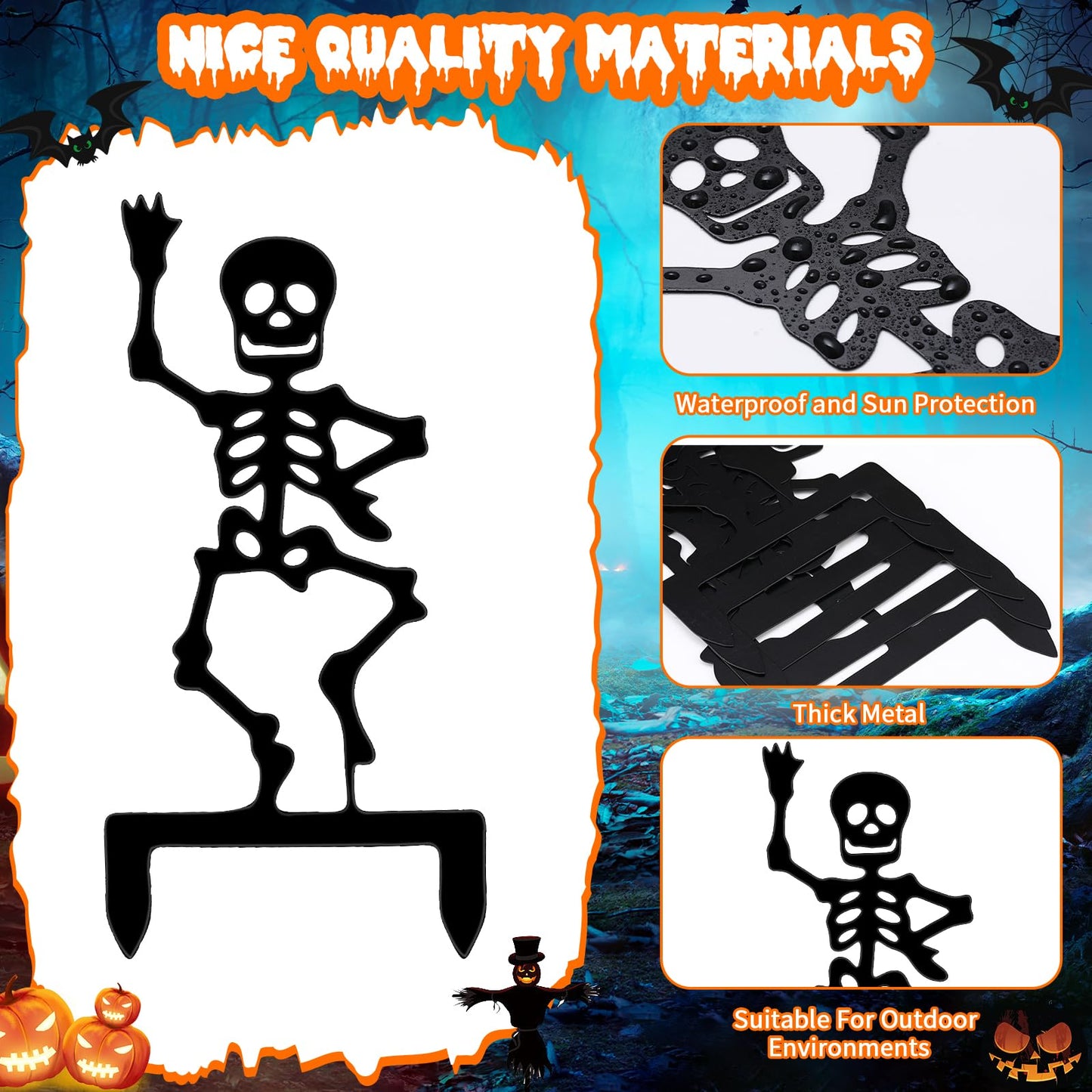 Moxweyeni 6 Pack Halloween Yard Stake 11.8" Metal Skeleton Garden Stakes Black Halloween Yard Signs Gothic Scary Decorations for Outdoor Garden Lawn Path