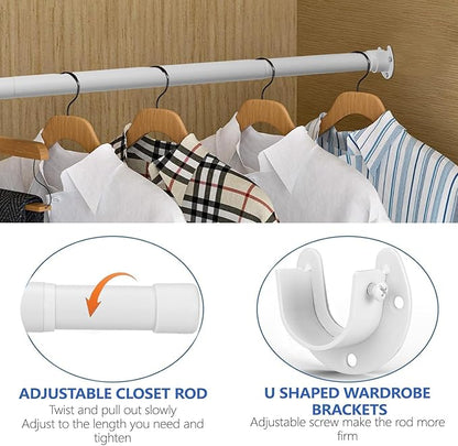 SUTINE Closet Rod, 17 to 68Inch Closet Rods for Hanging Clothes, Heavy Duty Adjustable Closet Hanging Rod Bar White Closet Poles for Wardrobes, Closet, Bathroom, Windows, 1.3Inch Diameter