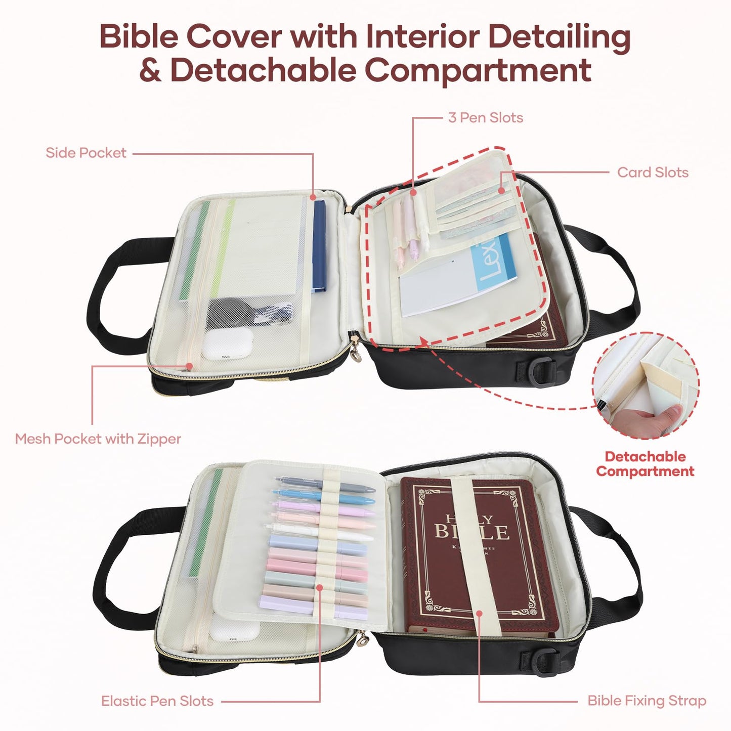 Bible Cover Case for Women, Large Bible Bag with Removable Pencil Case, Water Bottle Pocket and Shoulder Strap for Bible Study Supplies, Church Carrying Journaling Kit, Christian Gift for Women