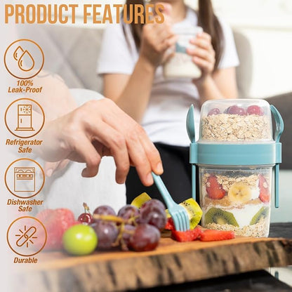 4-Pack Reusable Yogurt Parfait Cups with Lids & Built-In Spoon & Fork – BPA-Free Dual-Compartment Containers for Breakfast, Oatmeal, Granola, Gym, Travel – Leakproof & Dishwasher Safe – (22 oz-650 ml)
