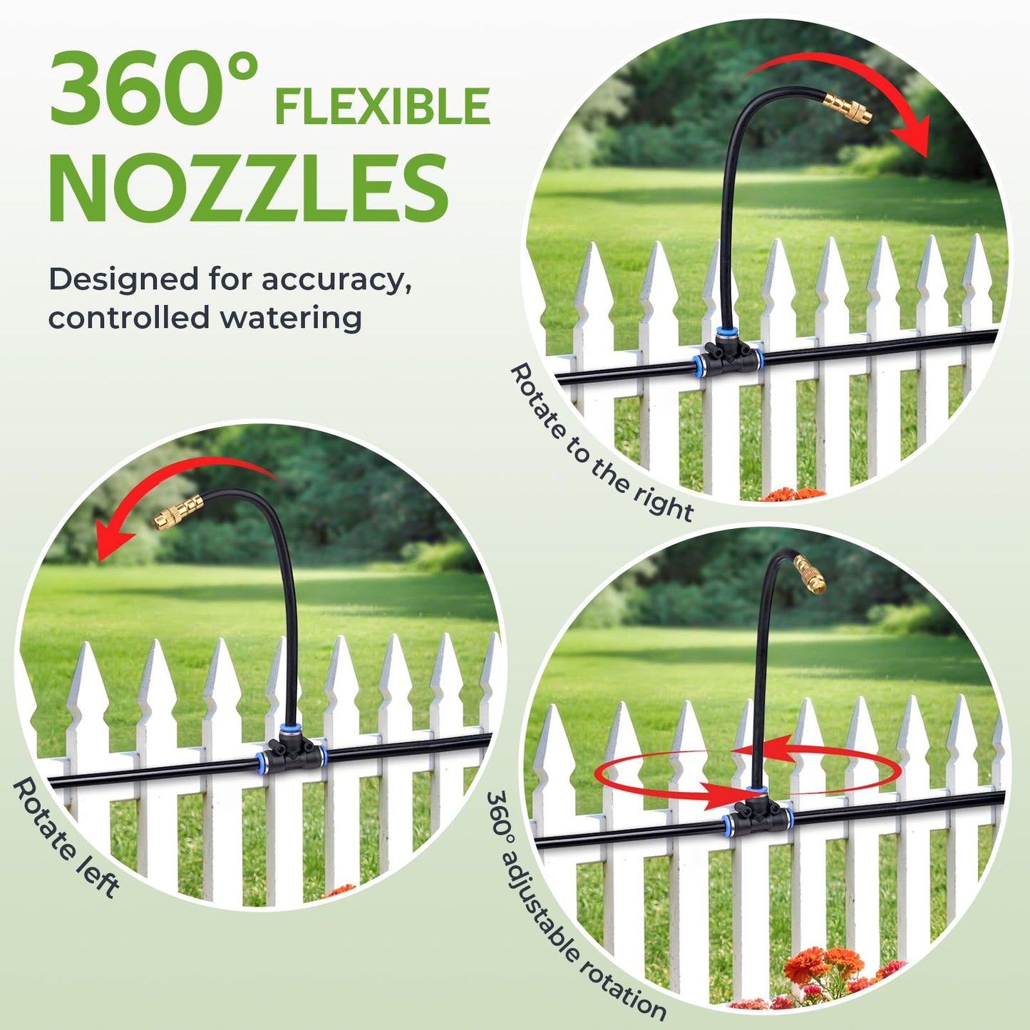 HIRALIY 360° Adjustable Drip Irrigation System 33FT, 1/4" Tubing with 5 Adjustable Copper Nozzles, Automatic Atomizing Watering Kit for Garden, Yard, Lawn, Greenhouse & Potted Plants