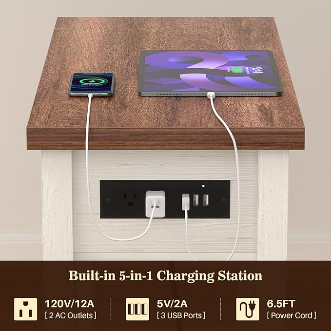 Narrow End Table Set of 2 with Charging Station