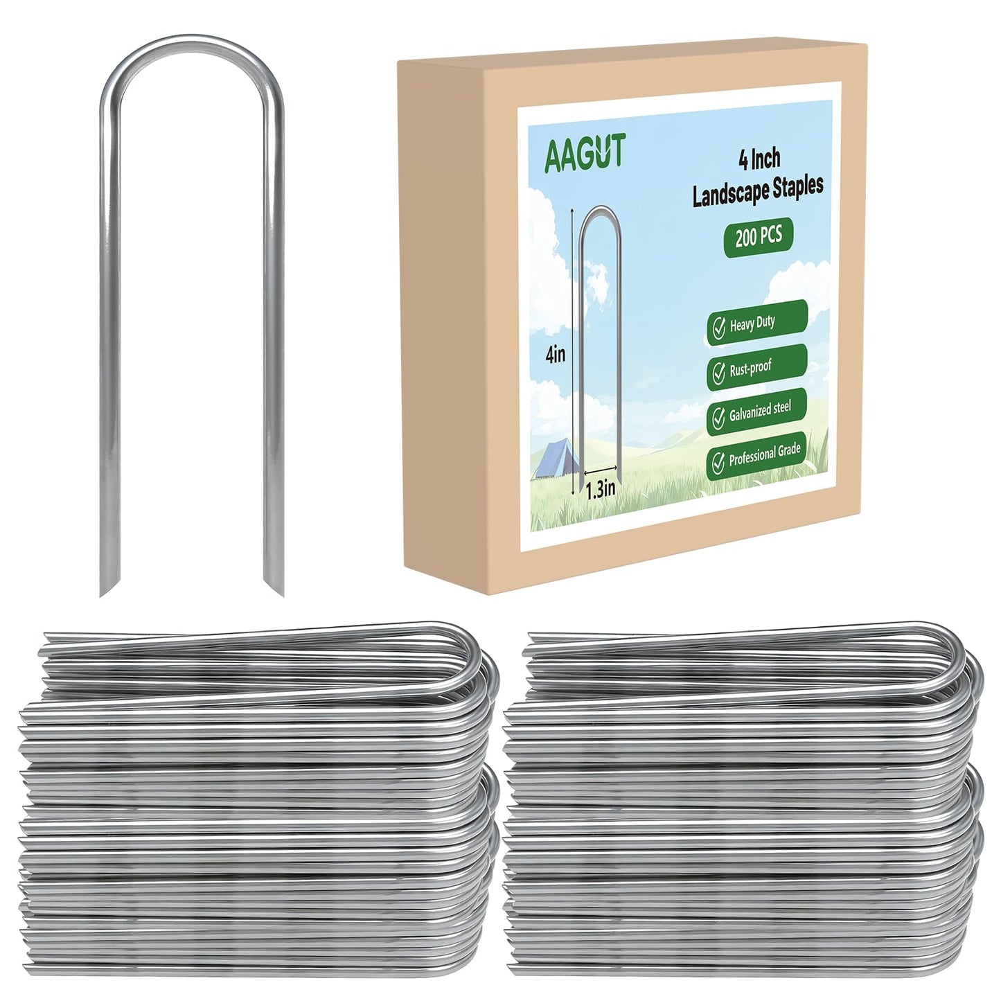 AAGUT 4 Inch Landscape Stakes 200 Pack Garden Drip Irrigation Tubing Stakes Heavy Duty 14 Gauge Galvanized Ground Staples Lawn U Hooks for Soaker Hose, Chicken Wire, Chain Link Fence, Dog Fence