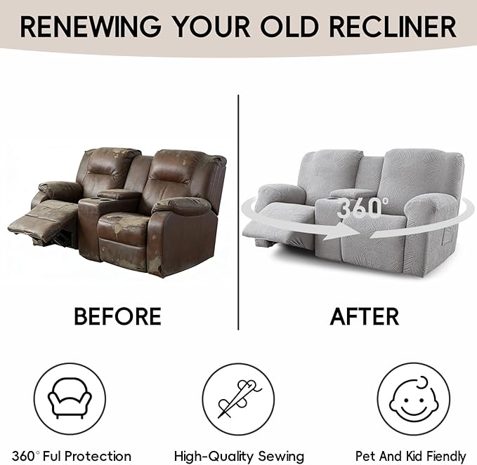 Recliner Loveseat Covers with Console, Stretch Geometric Strokes Jacquard