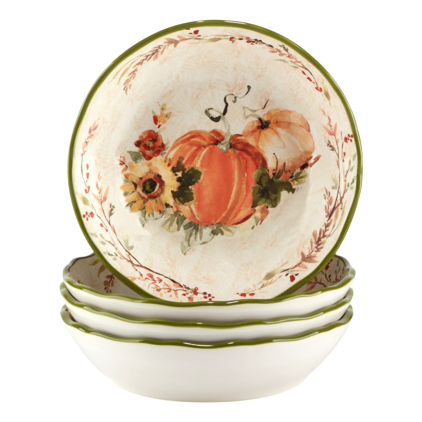 Harvest Morning Set of 4 Ceramic 8" Soup Bowls – Enjoy hearty soups, stews, or pasta in rustic farmhouse style with these autumn-themed bowls that bring warmth to every meal - 18 oz
