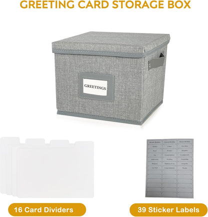 Greeting Card Organizer Box with 16 Dividers,Collapsible Greeting Card Storage Box with Handles Hold 150+ Cards,Greeting Card Holder for Greeting Cards,Sticker, Recipes, Photos, Envelopes,2-Pack