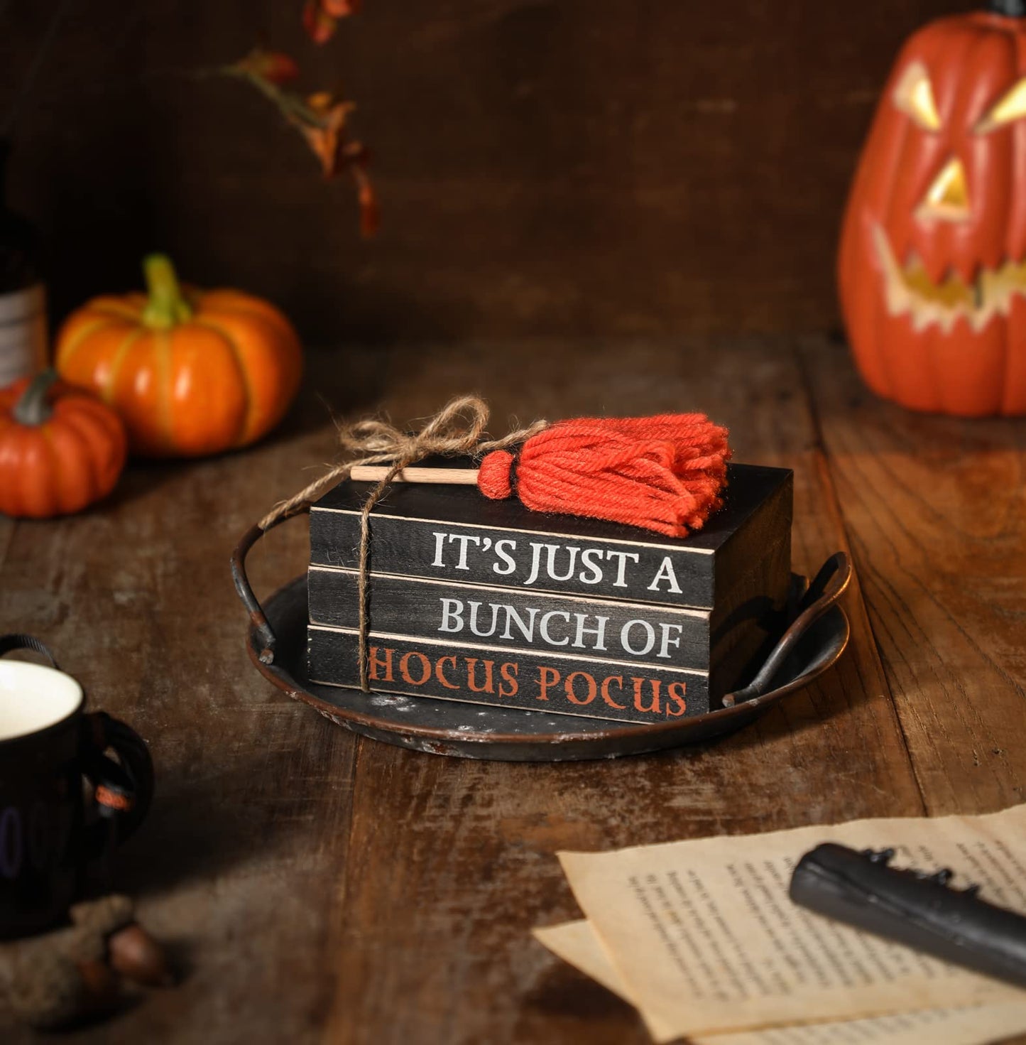 Halloween Wood Book Stack, Hocus Pocus Mini Faux Books Bundle, Halloween Tiered Tray Decor for Home Table Mantle Shelf