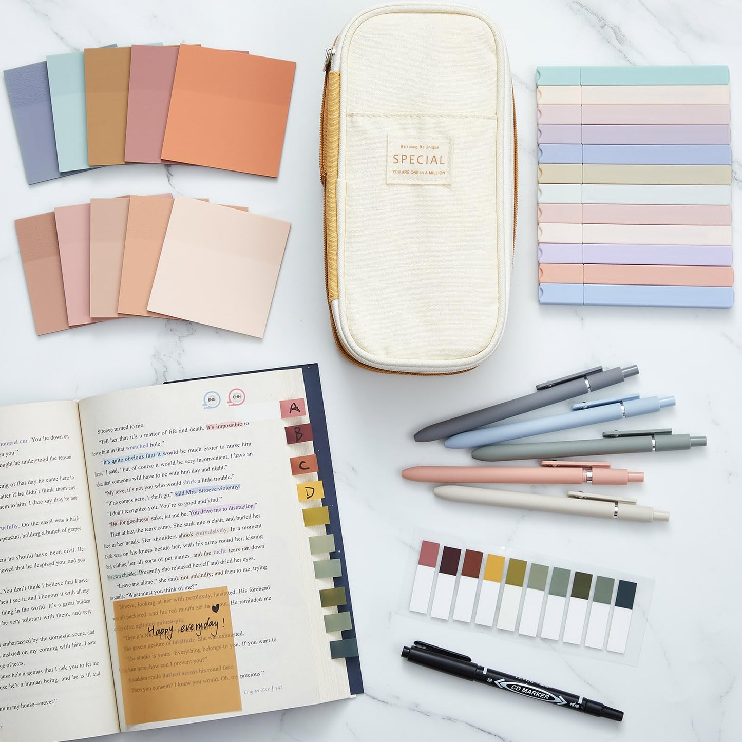 Jutom 39 Pcs Aesthetic Book Annotation Kit Highlighter with Case Bag Gel Pen Transparent Sticky Note Taking Bible Supplies(Khaki,Cute Style)
