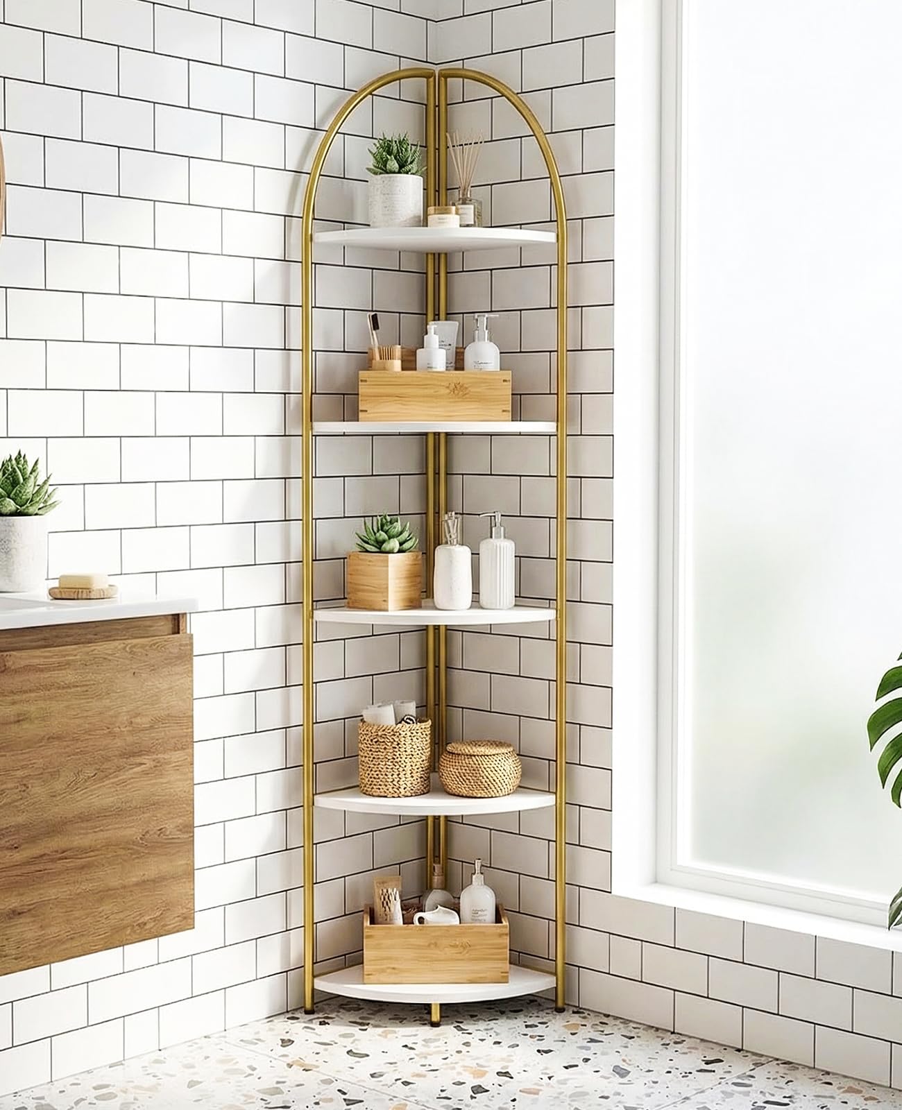 Rifoer 5 Tier Corner Shelf, Luxury Gold Corner Plant Stand with White Wood Shelves,Modern Metal Corner Bookshelf Display Rack,Premium Corner Storage Shelving Unit for Living Room,Bedroom,Bathroom
