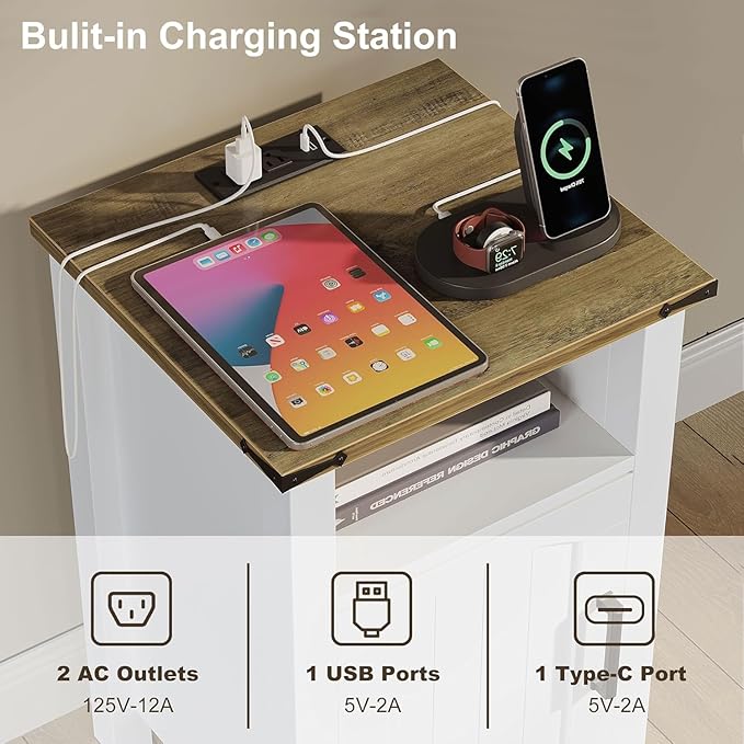 Farmhouse Nightstand with Charging Station, End Table with USB/Type-C Ports and