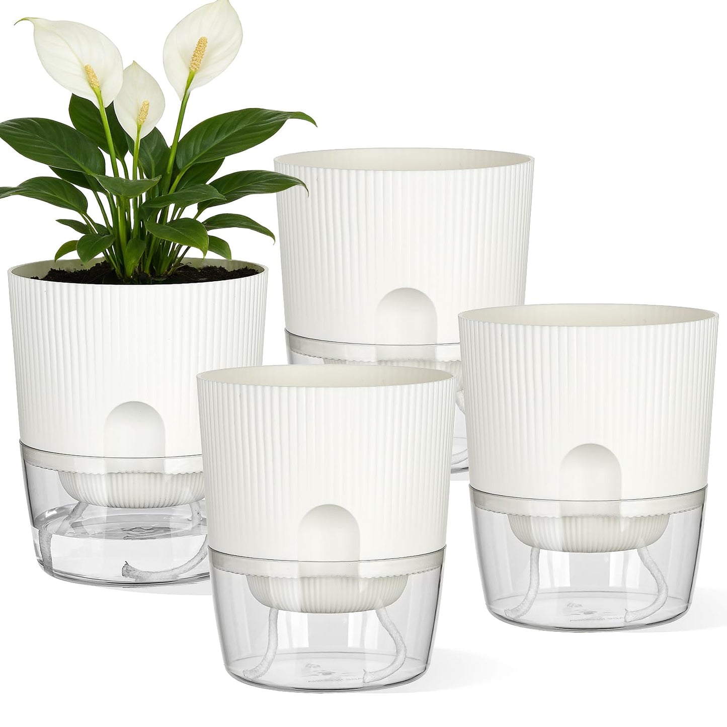 Samhe Plant Pots, 4 Pack 5.7 Inch Self Watering Pots for Indoor Plants, Flower Pots with Deep Reservoir and Drainage Holes - White