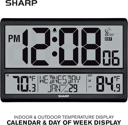 Sharp Atomic Clock - Never Needs Setting! –Easy to Read Numbers - Indoor/Outdoor Temperature, Wireless Outdoor Sensor - Battery Powered - Easy Set-Up (4" Numbers)
