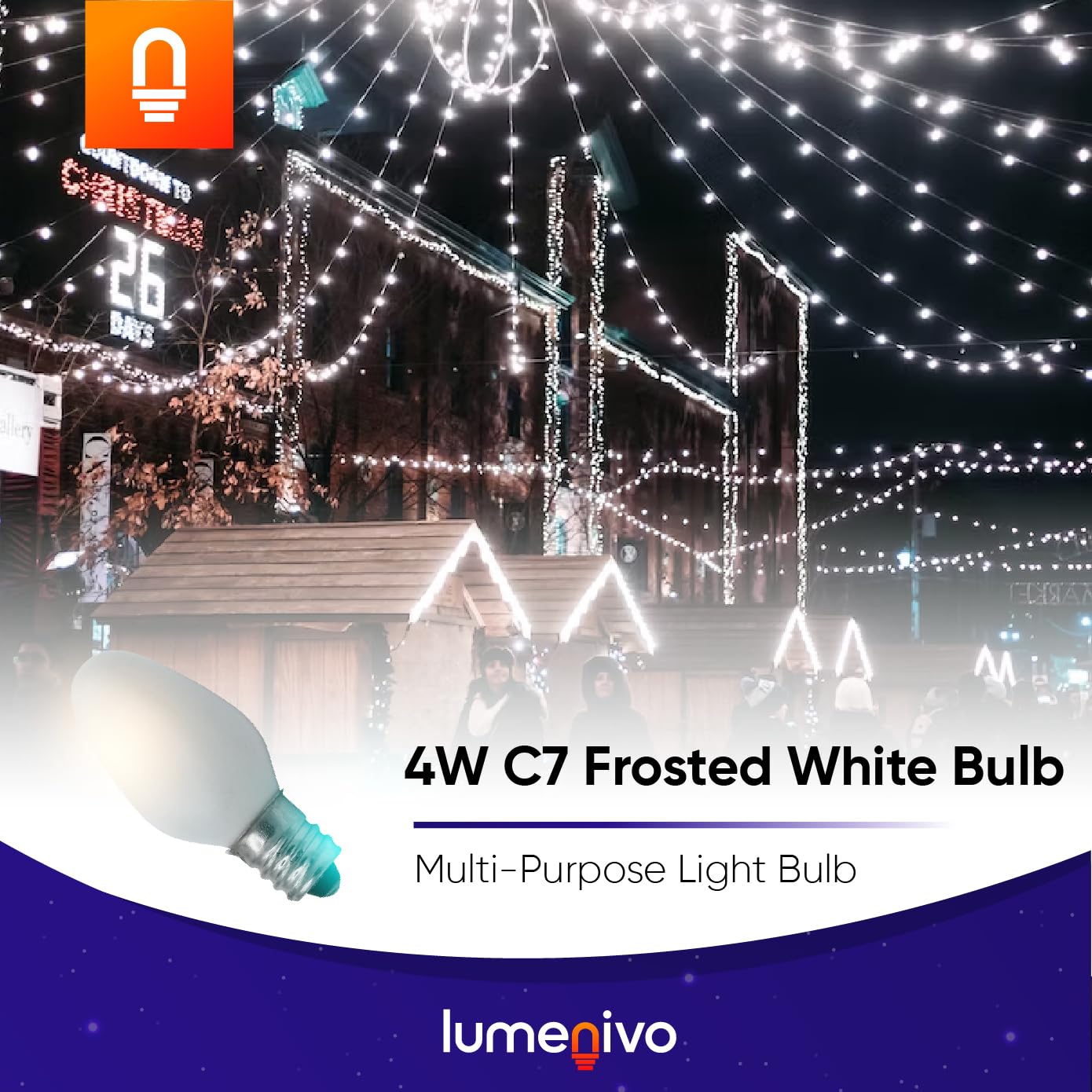 lumenivo 4W Replacement C7 Frosted White Bulb 120V Incandescent Light Bulb for Holiday Decor, Small Night Light, Baby Showers, Christmas Bulbs - E12 Candelabra Base - 2 Pack